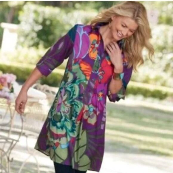 Soft Surroundings Sadie Purple Floral Button Front Longline Tunic Top PL F130 - Picture 2 of 10